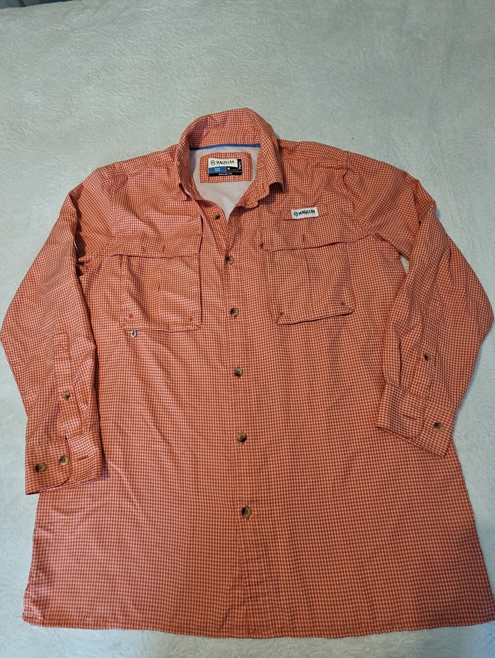 Magellan Outdoors Fish Gear Men's M Angler Fit MagWick LS Shirt Orange Plaid Euc